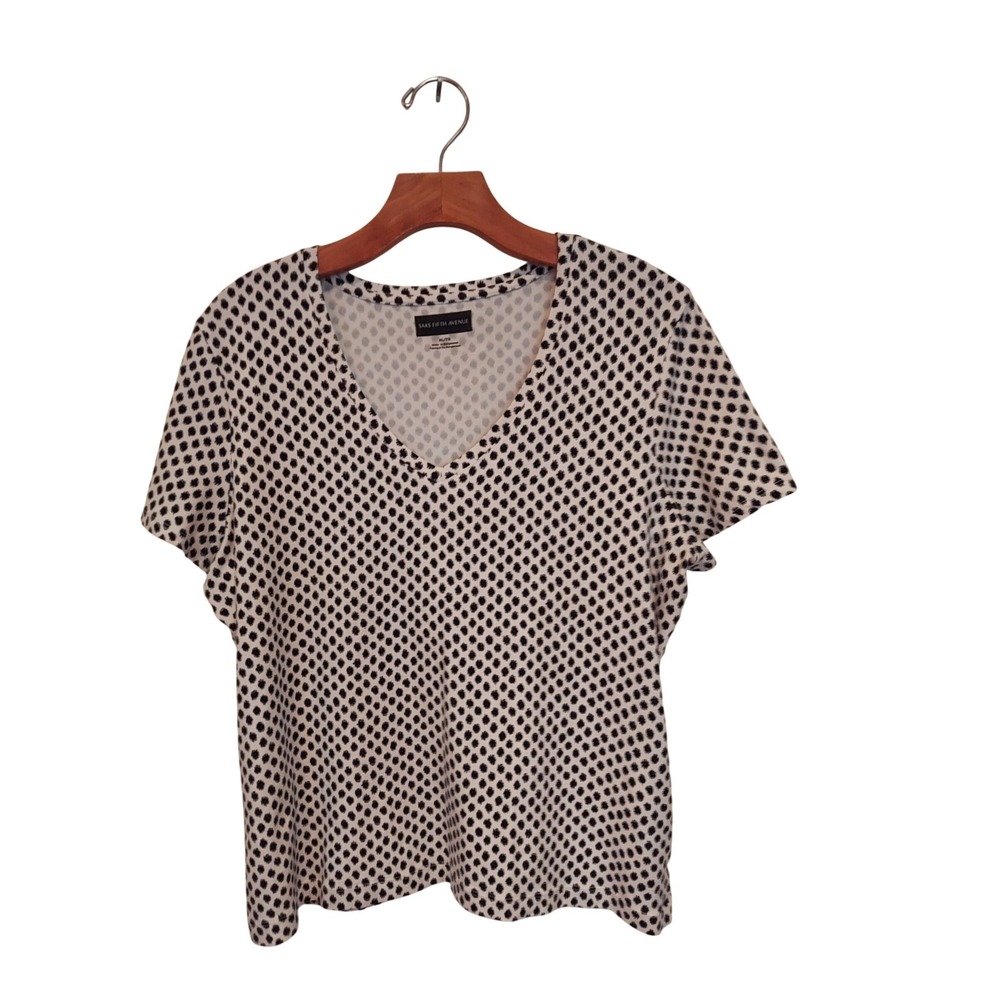 Saks Fifth Avenue‎ Womens XL V-Neck Short Sleeve Top Black White Ikat Polka Dot